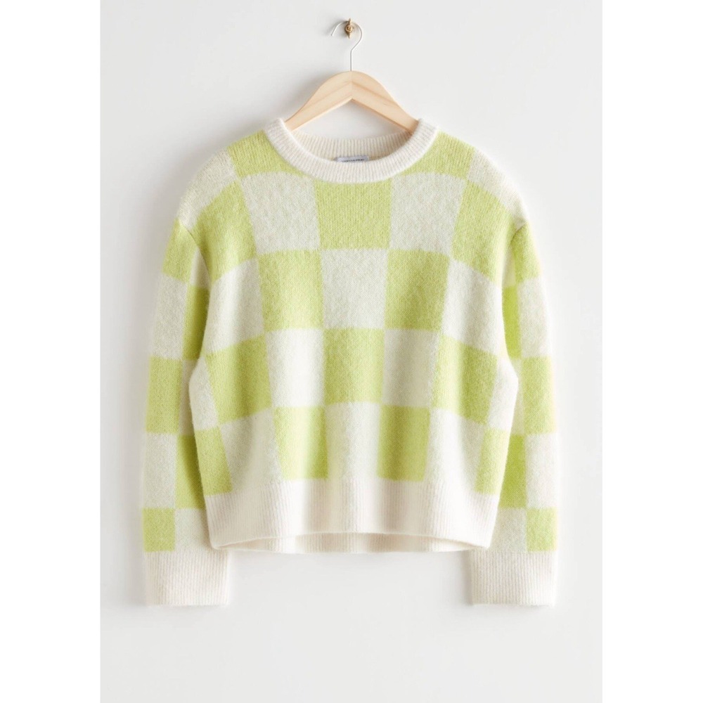 & Other Stories Green and Cream Checkerboard Knit Sweater